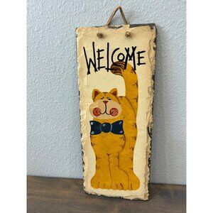 Plain Jane Slate Cat Welcome Sign Wall Plaque Tabby Cat Hanging Decor